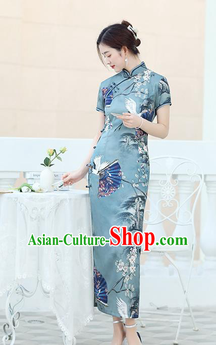 Republic of China National Printing Crane Blue Cheongsam Traditional Shanghai Young Lady Qipao Dress