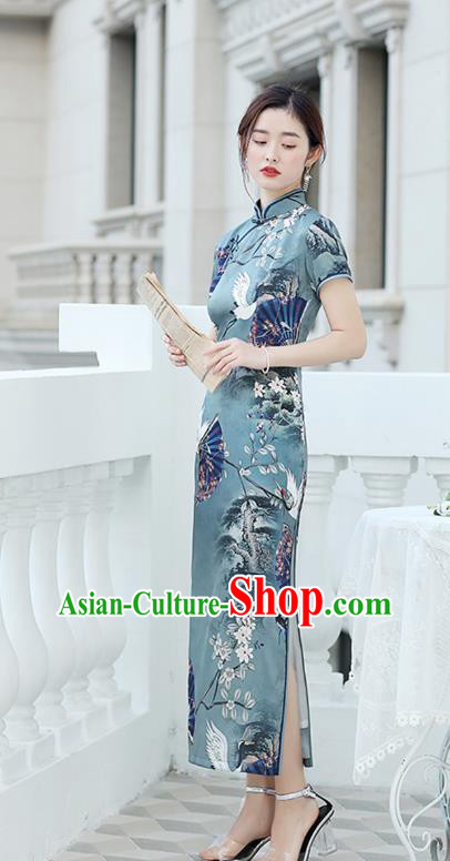 Republic of China National Printing Crane Blue Cheongsam Traditional Shanghai Young Lady Qipao Dress