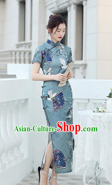 Republic of China National Printing Crane Blue Cheongsam Traditional Shanghai Young Lady Qipao Dress