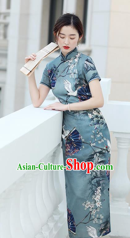 Republic of China National Printing Crane Blue Cheongsam Traditional Shanghai Young Lady Qipao Dress