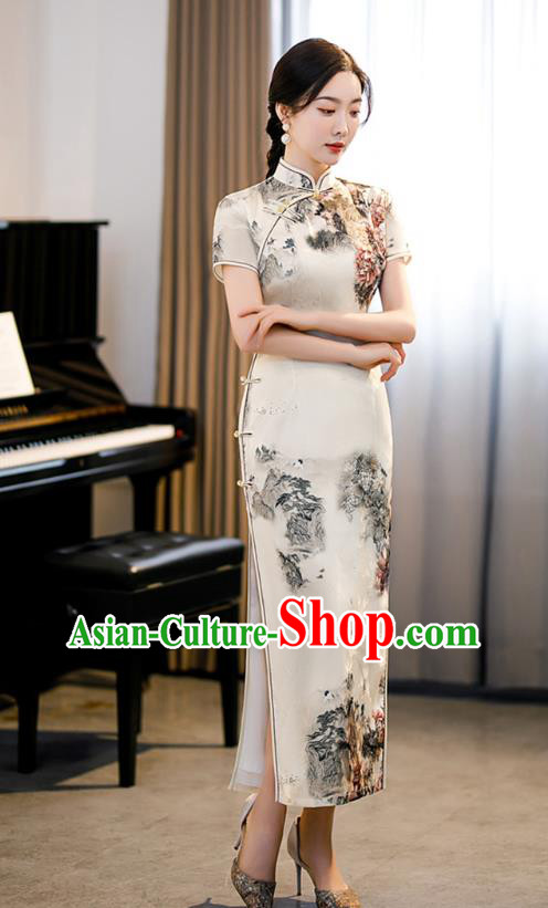 Republic of China National Young Lady Beige Cheongsam Traditional Shanghai Printing Landscape Qipao Dress