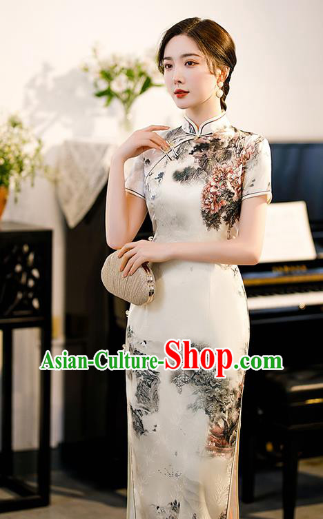 Republic of China National Young Lady Beige Cheongsam Traditional Shanghai Printing Landscape Qipao Dress