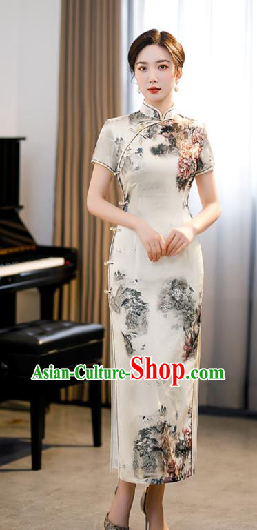 Republic of China National Young Lady Beige Cheongsam Traditional Shanghai Printing Landscape Qipao Dress
