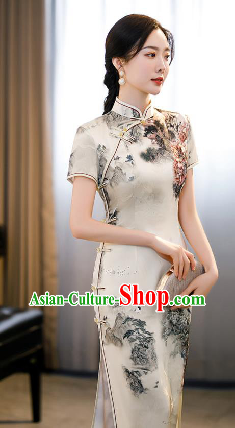 Republic of China National Young Lady Beige Cheongsam Traditional Shanghai Printing Landscape Qipao Dress