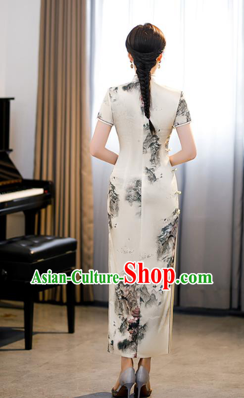 Republic of China National Young Lady Beige Cheongsam Traditional Shanghai Printing Landscape Qipao Dress