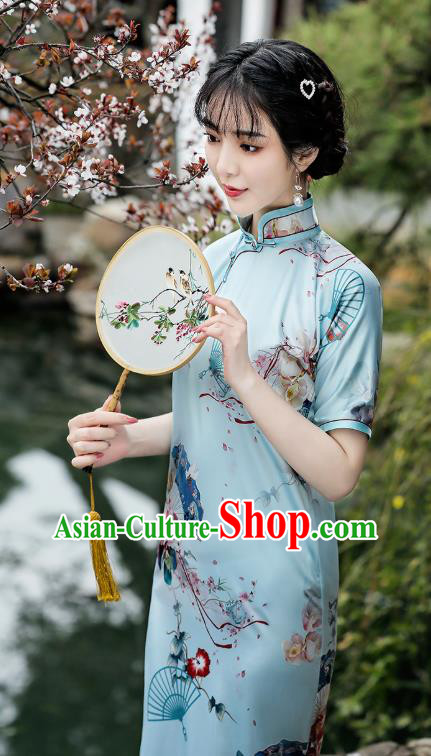 Republic of China Traditional Printing Blue Qipao Dress National Young Lady Stand Collar Cheongsam