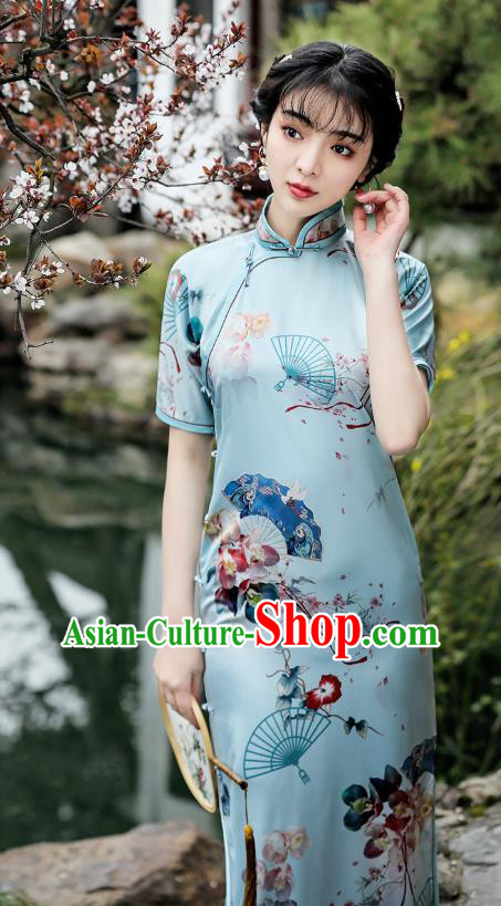Republic of China Traditional Printing Blue Qipao Dress National Young Lady Stand Collar Cheongsam
