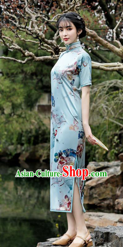 Republic of China Traditional Printing Blue Qipao Dress National Young Lady Stand Collar Cheongsam