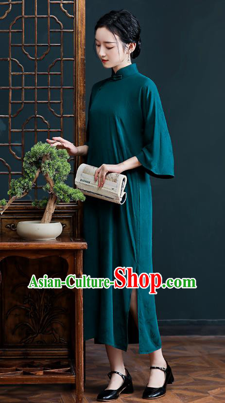 Republic of China National Deep Green Silk Cheongsam Traditional Shanghai Young Lady Qipao Dress