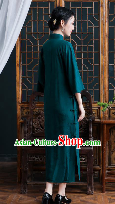 Republic of China National Deep Green Silk Cheongsam Traditional Shanghai Young Lady Qipao Dress