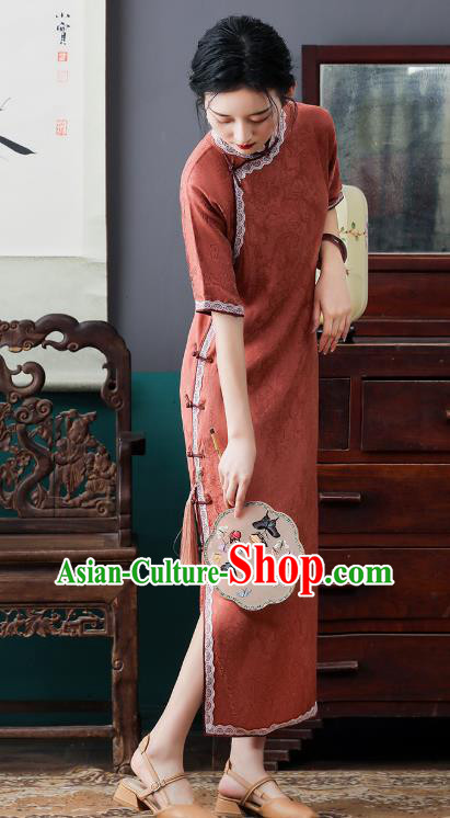 Republic of China National Orange Cheongsam Traditional Shanghai Young Lady Lace Collar Qipao Dress