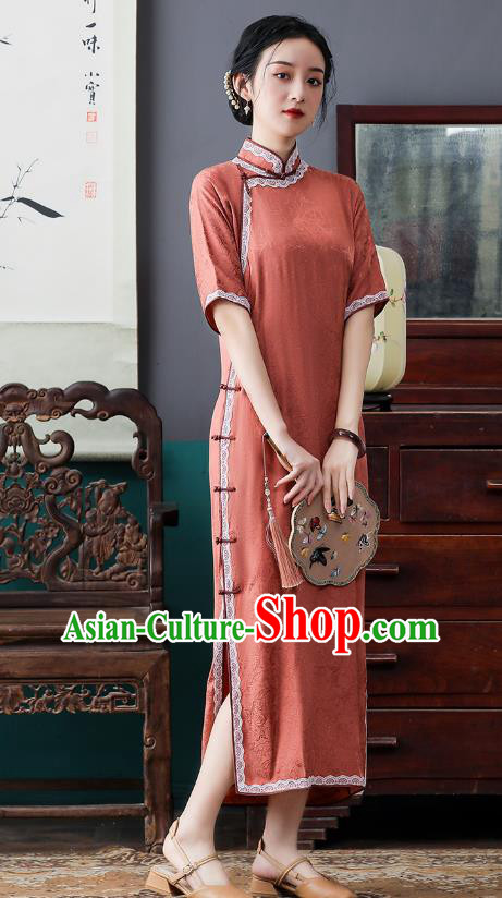 Republic of China National Orange Cheongsam Traditional Shanghai Young Lady Lace Collar Qipao Dress
