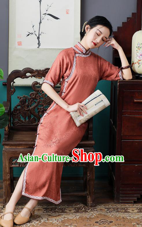 Republic of China National Orange Cheongsam Traditional Shanghai Young Lady Lace Collar Qipao Dress
