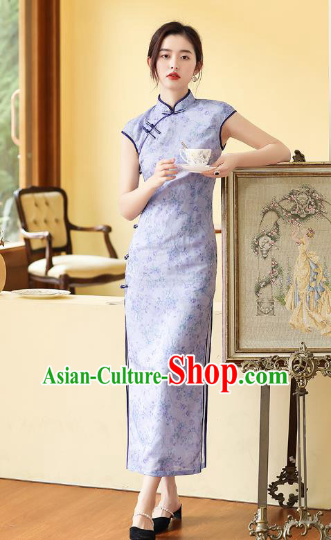 Republic of China National Lilac Ramine Cheongsam Traditional Young Lady Sleeveless Qipao Dress