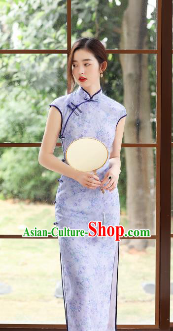 Republic of China National Lilac Ramine Cheongsam Traditional Young Lady Sleeveless Qipao Dress