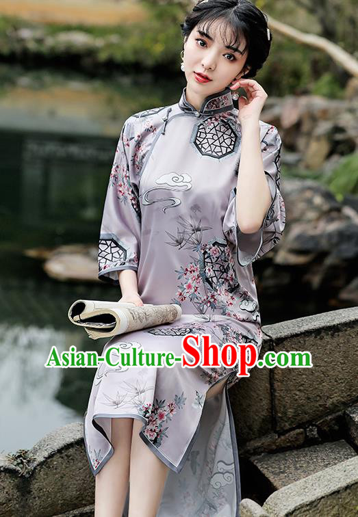 Republic of China Traditional Wide Sleeve Qipao Dress National Young Lady Printing Lilac Cheongsam