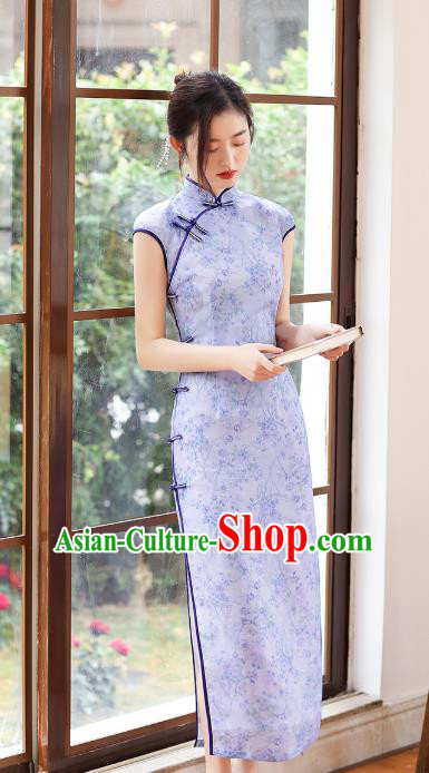 Republic of China National Lilac Ramine Cheongsam Traditional Young Lady Sleeveless Qipao Dress