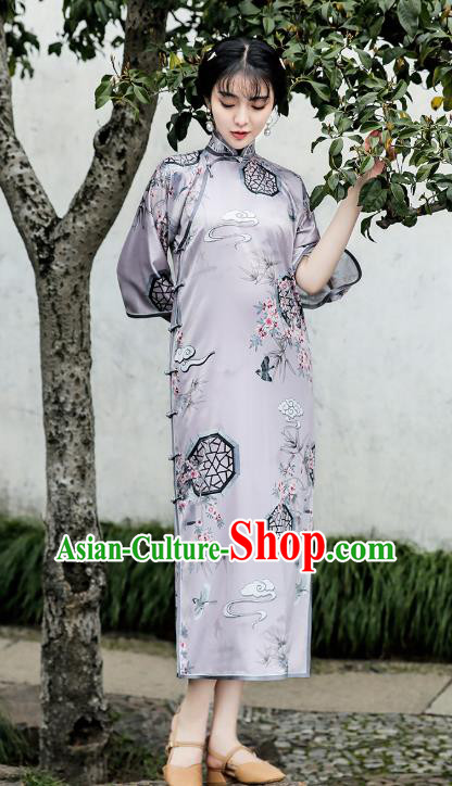 Republic of China Traditional Wide Sleeve Qipao Dress National Young Lady Printing Lilac Cheongsam
