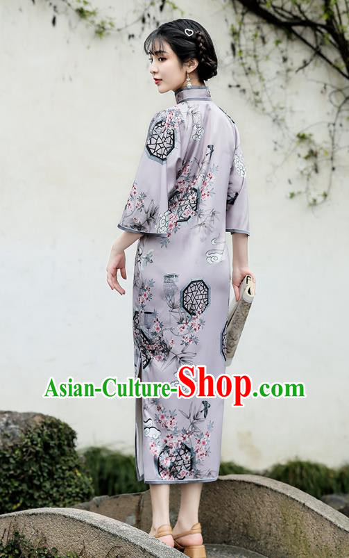 Republic of China Traditional Wide Sleeve Qipao Dress National Young Lady Printing Lilac Cheongsam
