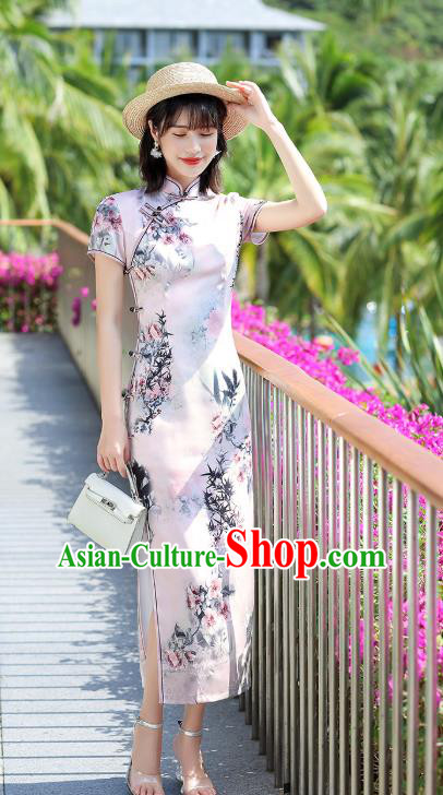 Republic of China National Young Lady Cheongsam Traditional Printing Bamboo Pink Qipao Dress