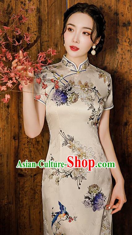 Republic of China National Elderly Woman Cheongsam Traditional Printing Mother Short Qipao Dress