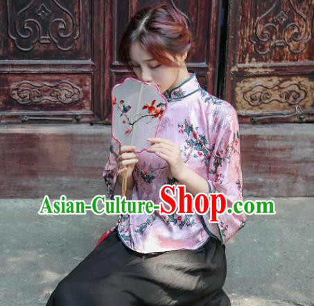 Chinese Tang Suit Upper Outer Garment Clothing National Printing Flowers Pink Silk Qipao Shirt