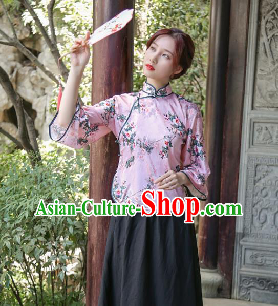 Chinese Tang Suit Upper Outer Garment Clothing National Printing Flowers Pink Silk Qipao Shirt