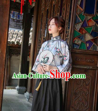 Chinese National Printing Flowers Light Blue Silk Qipao Shirt Tang Suit Upper Outer Garment Clothing
