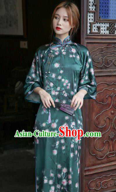 Republic of China National Printing Deep Green Silk Cheongsam Traditional Young Lady Slant Opening Qipao Dress