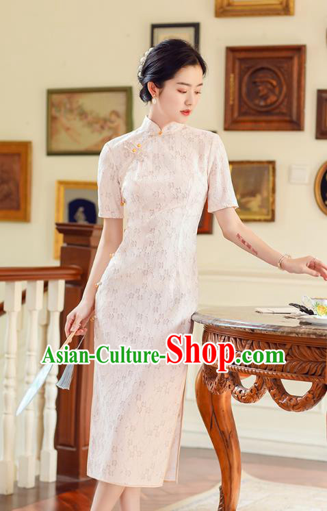 Republic of China Traditional Classical Dance Qipao Dress National Young Lady White Lace Cheongsam