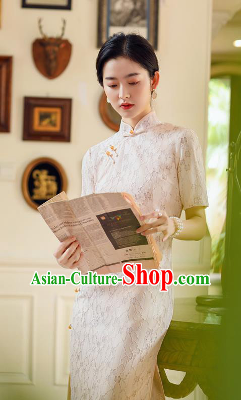 Republic of China Traditional Classical Dance Qipao Dress National Young Lady White Lace Cheongsam