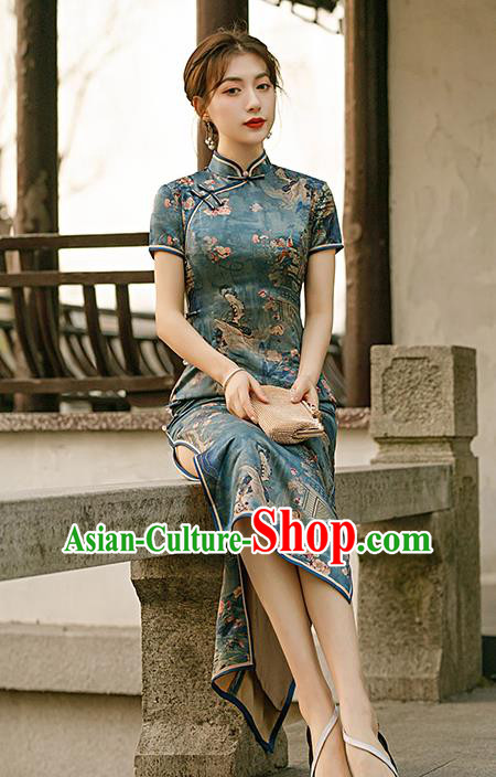 Republic of China Traditional Printing Deep Green Qipao Dress National Woman Mother Cheongsam