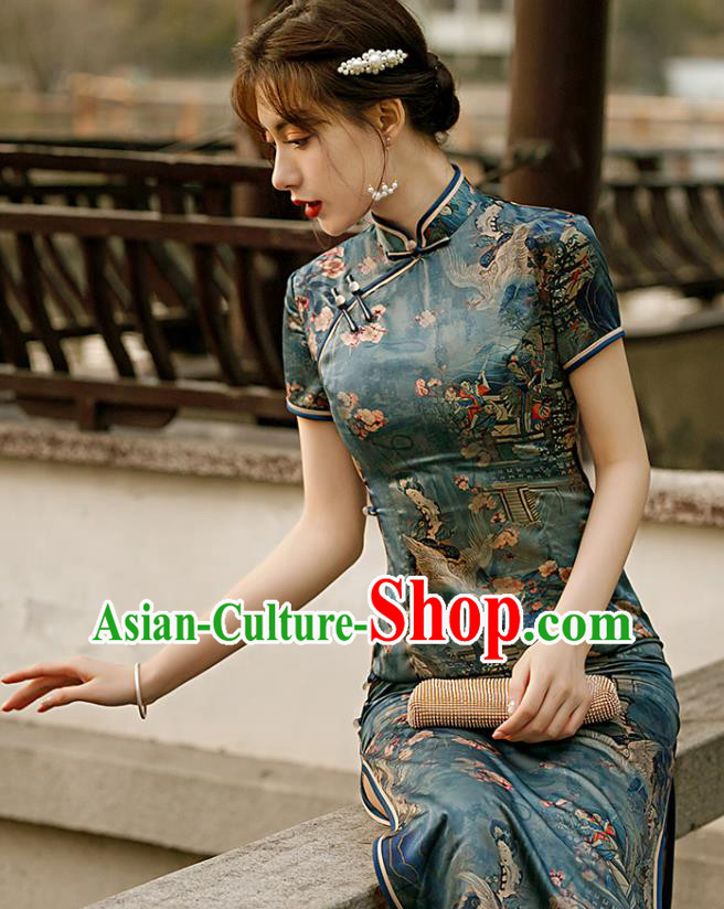 Republic of China Traditional Printing Deep Green Qipao Dress National Woman Mother Cheongsam