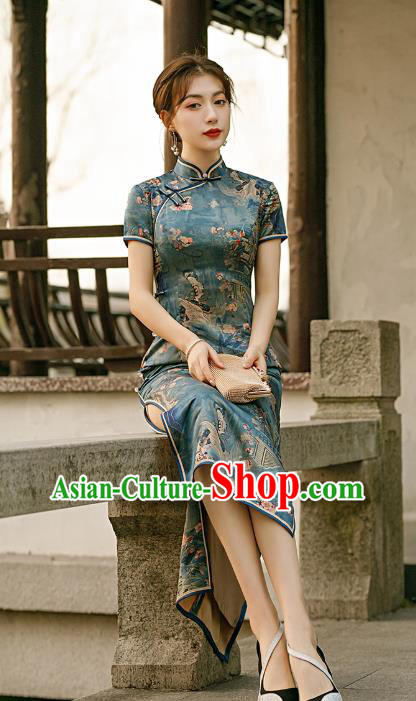 Republic of China Traditional Printing Deep Green Qipao Dress National Woman Mother Cheongsam