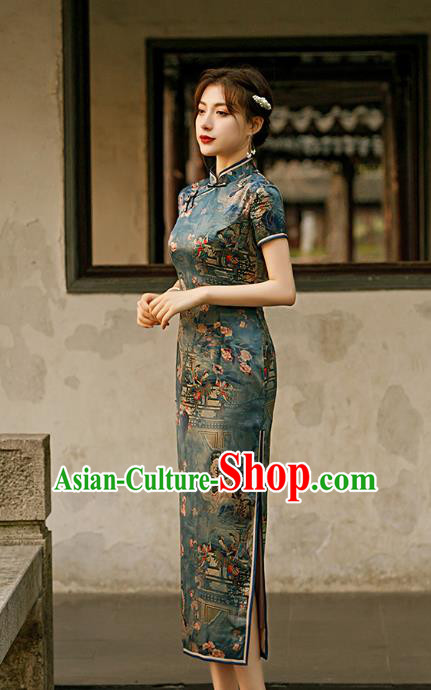 Republic of China Traditional Printing Deep Green Qipao Dress National Woman Mother Cheongsam