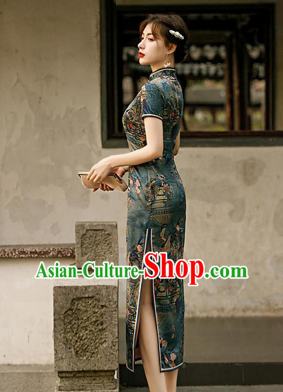 Republic of China Traditional Printing Deep Green Qipao Dress National Woman Mother Cheongsam