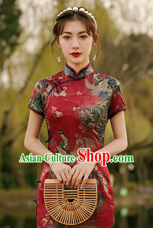 Republic of China National Woman Mother Cheongsam Traditional Printing Red Qipao Dress