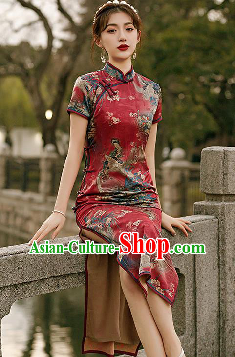 Republic of China National Woman Mother Cheongsam Traditional Printing Red Qipao Dress