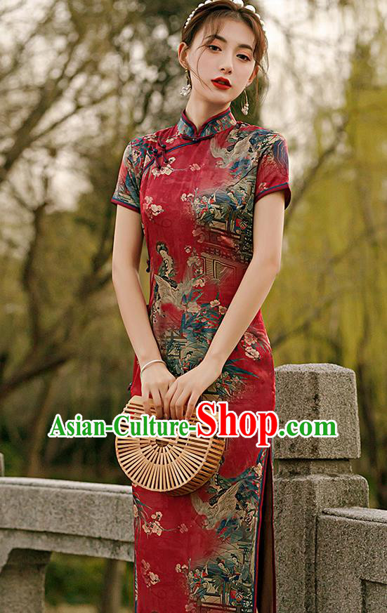 Republic of China National Woman Mother Cheongsam Traditional Printing Red Qipao Dress