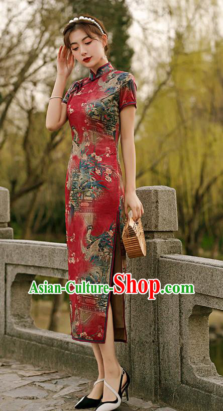 Republic of China National Woman Mother Cheongsam Traditional Printing Red Qipao Dress