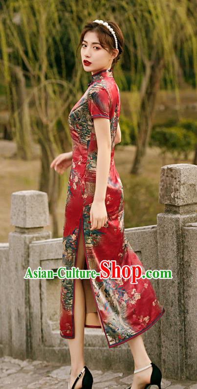 Republic of China National Woman Mother Cheongsam Traditional Printing Red Qipao Dress
