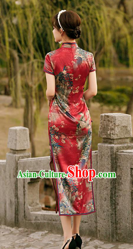 Republic of China National Woman Mother Cheongsam Traditional Printing Red Qipao Dress