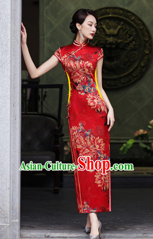China National Bride Red Silk Cheongsam Traditional Wedding Printing Flowers Qipao Dress