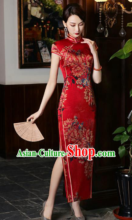 China National Bride Red Silk Cheongsam Traditional Wedding Printing Flowers Qipao Dress