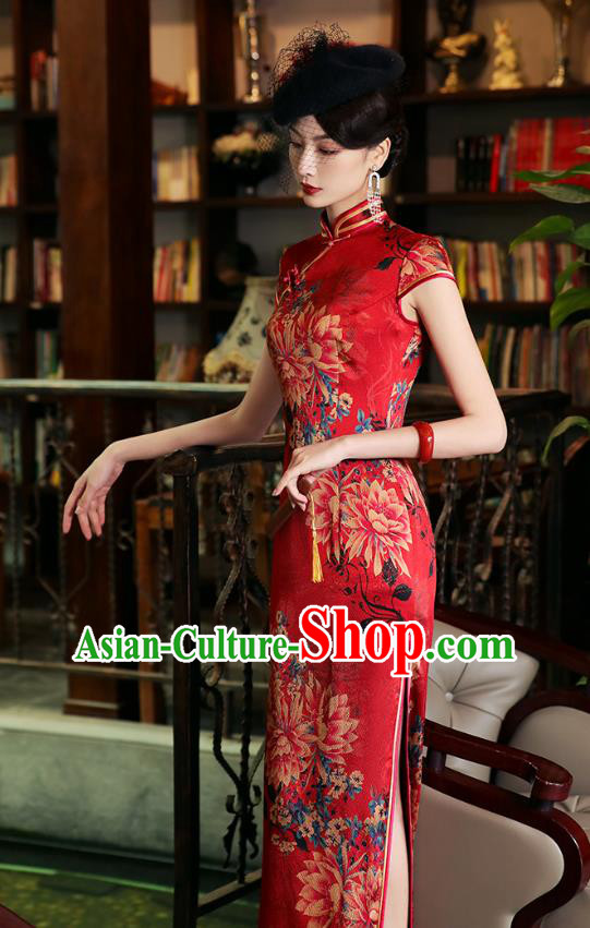China National Bride Red Silk Cheongsam Traditional Wedding Printing Flowers Qipao Dress