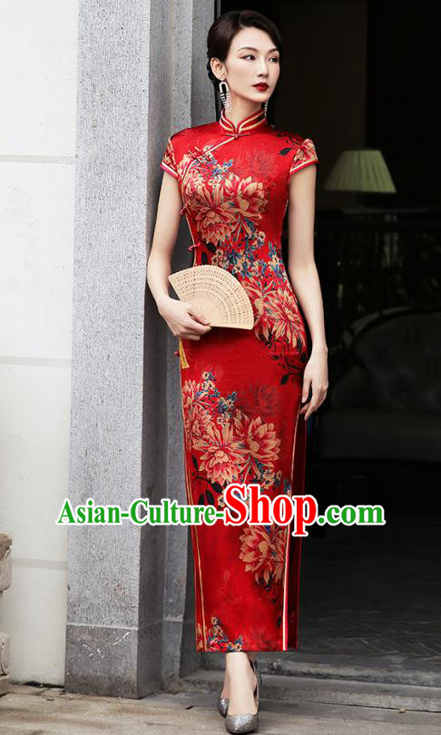 China National Bride Red Silk Cheongsam Traditional Wedding Printing Flowers Qipao Dress
