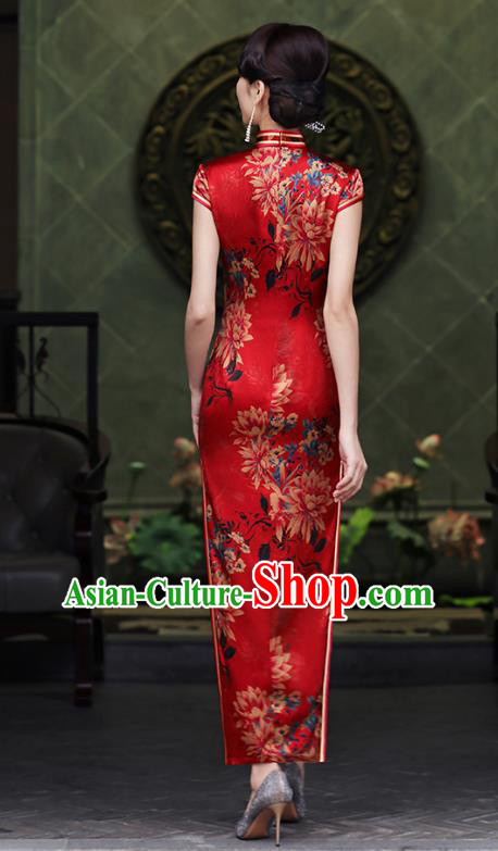 China National Bride Red Silk Cheongsam Traditional Wedding Printing Flowers Qipao Dress