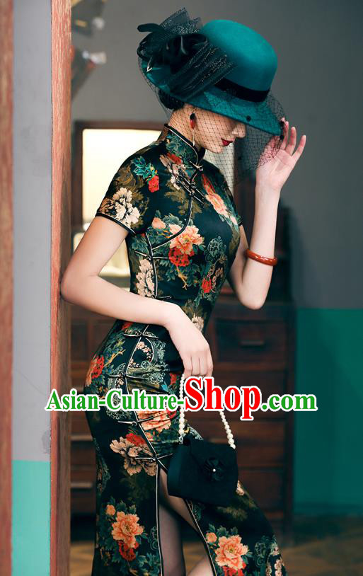 China National Young Lady Cheongsam Traditional Printing Peony Silk Qipao Dress