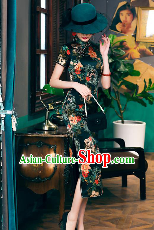 China National Young Lady Cheongsam Traditional Printing Peony Silk Qipao Dress