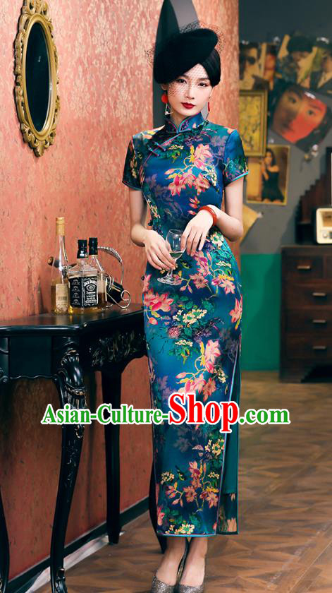 China Classical Mangnolia Pattern Cheongsam Traditional Shanghai Young Lady Blue Silk Qipao Dress